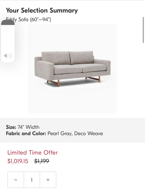 ( Free Delivery ) 74β Gray West Elm Eddy Sofa