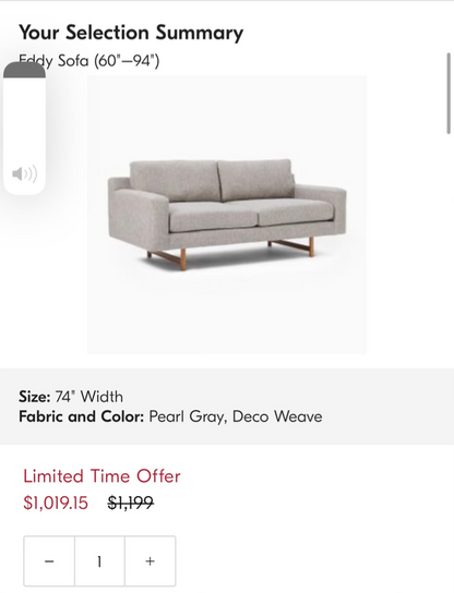 ( Free Delivery ) 74“ Gray West Elm Eddy Sofa