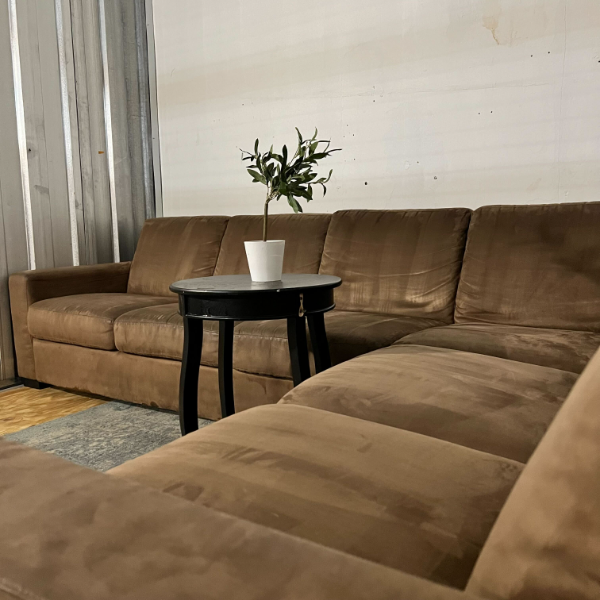 ( Free Delivery ) 116“ Brown Fabric L-Sectional