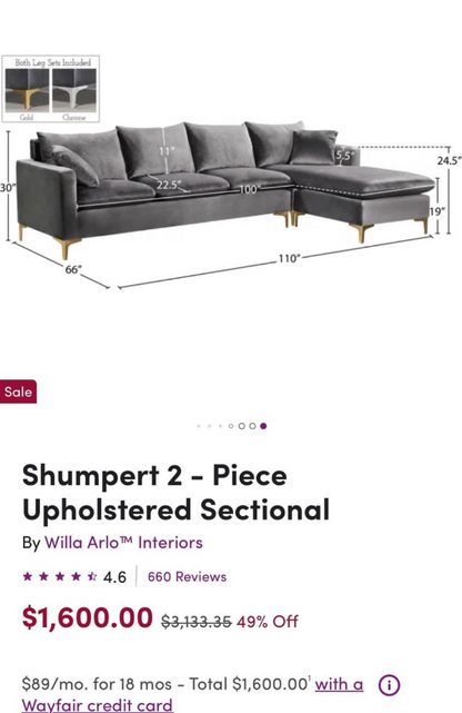 ( Free Delivery ) 110“ Gray Wila Arlo Shumpert Sectional